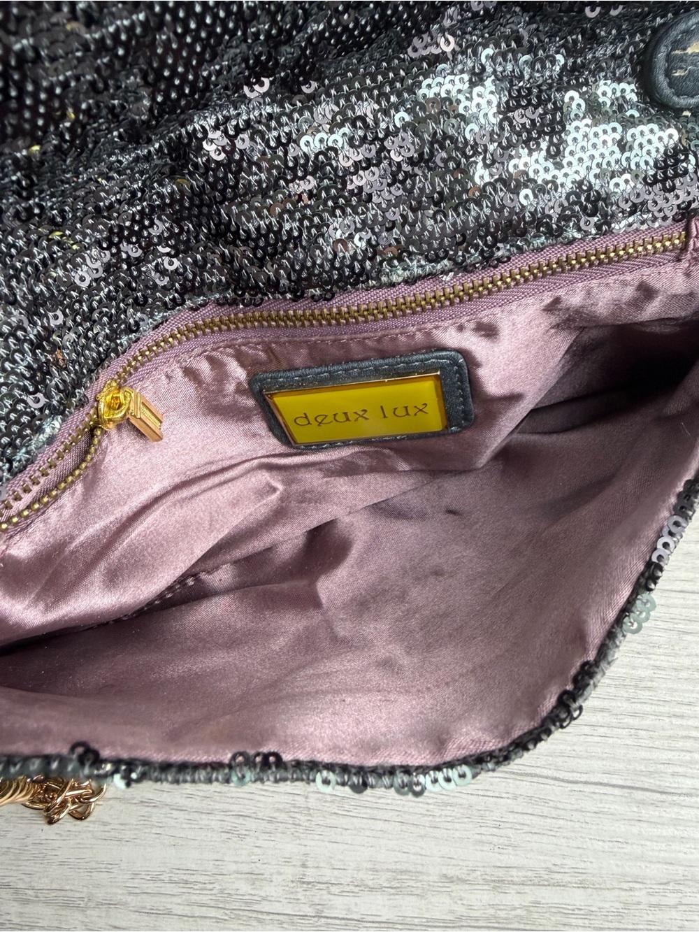 Deux Lux Sequin Shoulder Bag Black Silver Clutch Purse - Picture 9 of 15